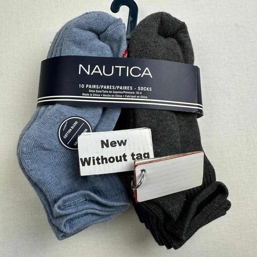 Nautica 10 Pair  Kids 10-4 Crew Socks Cotton Blend Cushion Gray Blue